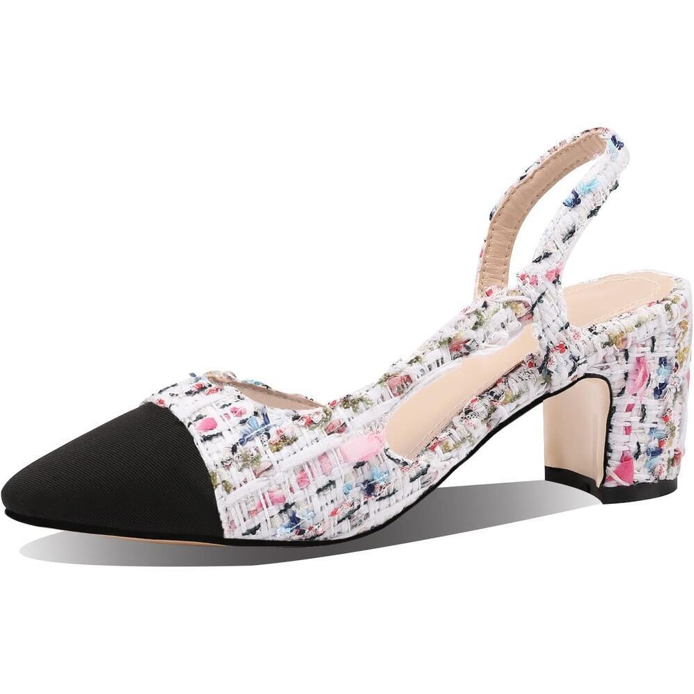 Women Slingback Pumps Chunky Heels Sexy Splicing Round Toe Casual Wedding Shoe
